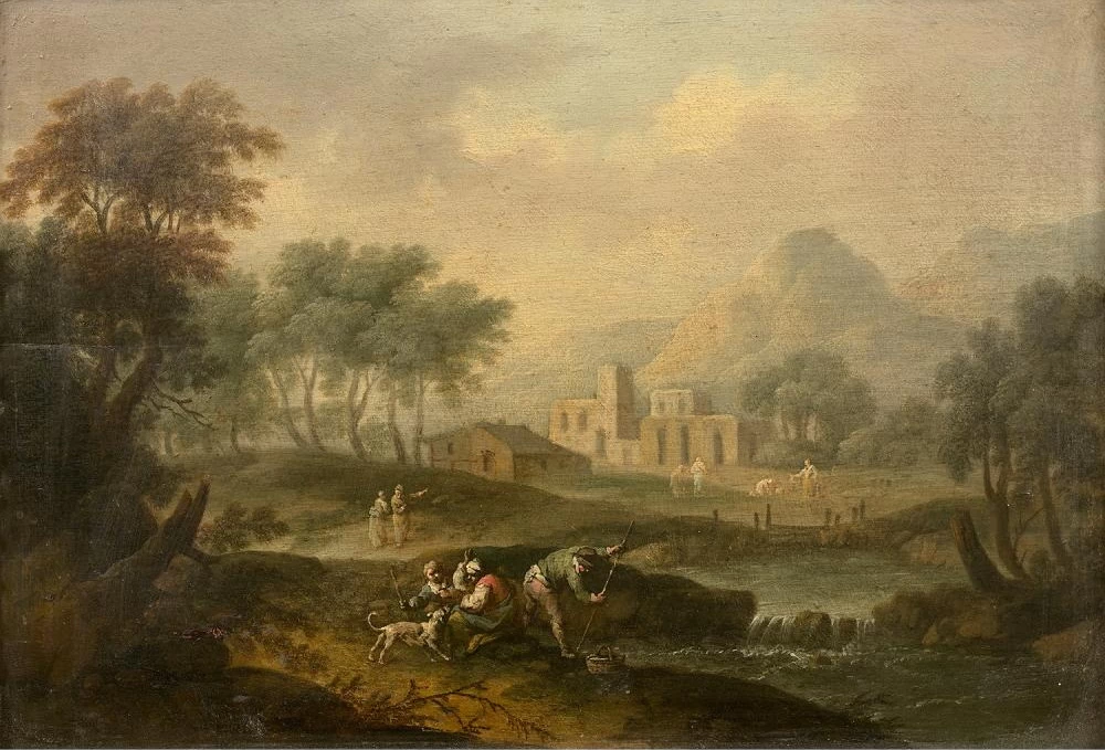 Paesaggio con pescatori e cagnolino